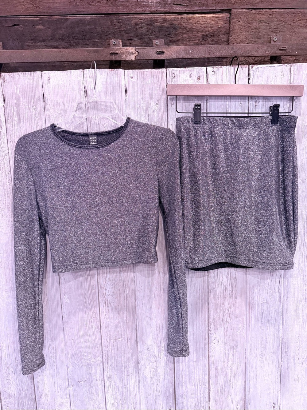 SHEIN Gray Sparkle Long-Sleeve Crop Top & Skirt Set